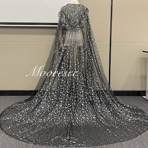 Silver star Black Wedding Cape Veil for Bride Hooded Wedding Veil Star Gothic Halloween Cape Floor/Church length Glittering Cape