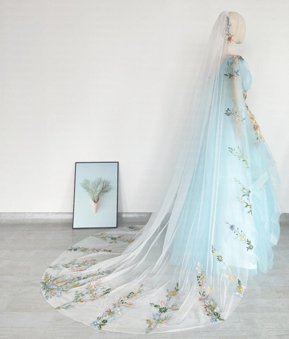 Cathedral Bridal Wedding Veil With Embroidered Floral Lace Edge and Comb Flora Cathedral Veil | Flower Embroidered Veil | Claire  main image 4