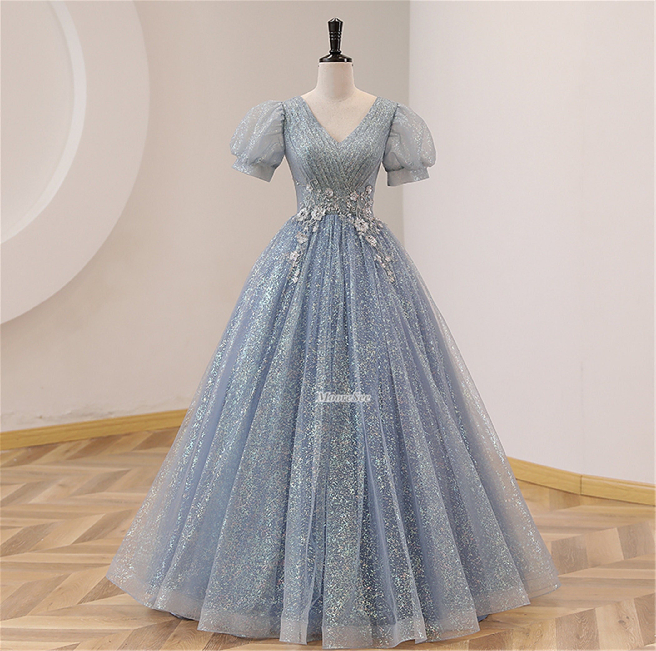 Dolly Gown Fairy Dusty Blue Tulle Floral Lace Boho Prom Dress