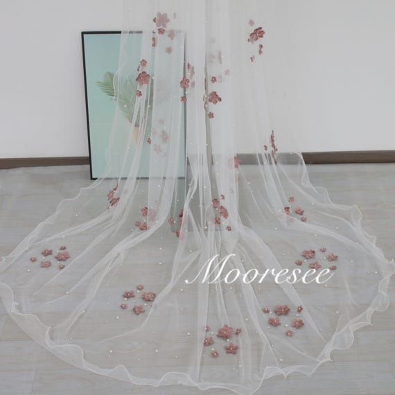 Scattered Pearl 3D Pink Champagne Flower Rhinestones Veil  display picture 3