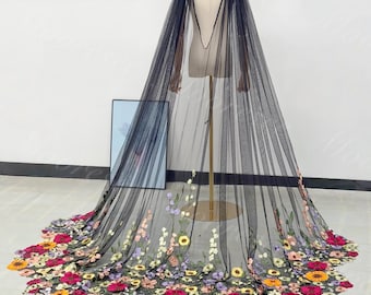Colorful floral lace black tulle Wedding cape Garden Lace cape Church black tulle cape Wildflower Bride lace capelet