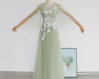 green emerald velvet dress Fairy Sage Green Flower Girl Dress with 3D Floral Appliqués D009 Sage Green / child-4