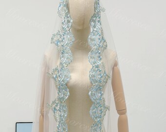 Blue/Royal Blue gold thread lace trim Mantilla veil with Comb long lace Veil Boho Cathedral Bridal Veil Chapel veil