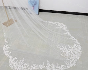 White Beaded floral lace veil Sparkle Sequins lace wedding veil with comb Church long Veil Bridal lace scallop hem veil