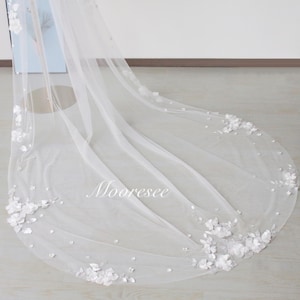3D floral lace veil Embroidered floral Lace Wedding Veil Fairy Ivory tulle lace veil Beach bridal Veil Shimmering silk flower veil
