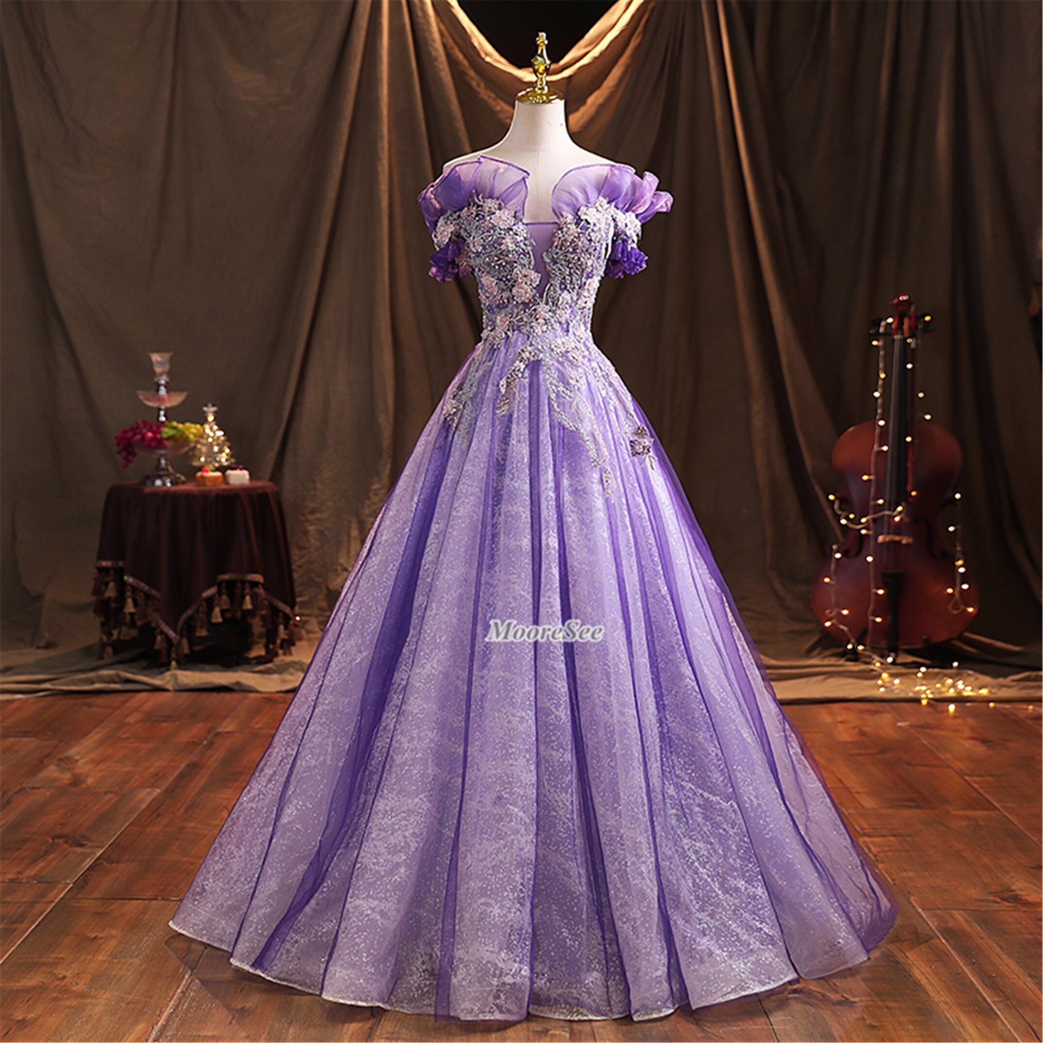 Custom Couture Purple Wedding Gown Iris Tulle Dress With 3D Flowers Beading  Lace 