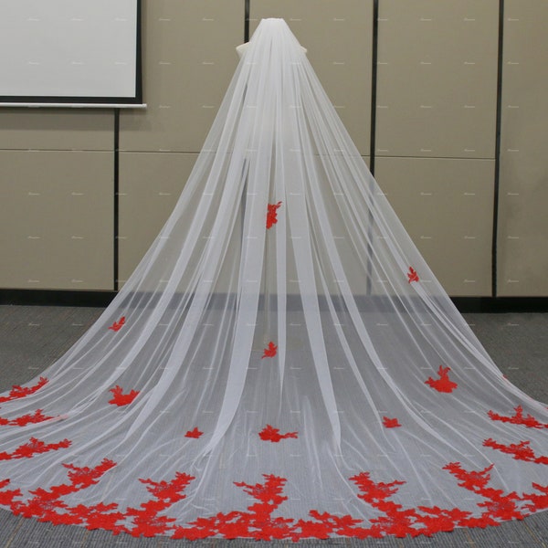 Boho Red Flower lace veil with Scattered flowers Dreamy Flower lace Veil Gorgeous Cathedral Bridal Veil Photography veil Custom size/color