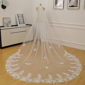 Outdoor Lawn Veil Flower lace veil with Scattered flowers Dreamy Flower Veil Gorgeous Cathedral Bridal Veil Boho Photography veil Custom