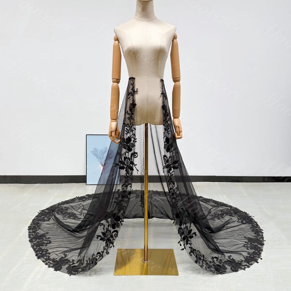 Gonna sopra in pizzo floreale nero con apertura frontale, strascico staccabile per abito da sposa, gonna sopra in tulle nero, gonna sopra rimovibile per abito da sposa