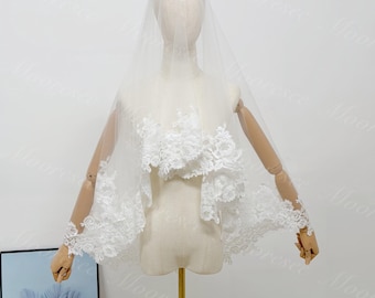 Floral lace blusher bridal veil Fairy floral lace Wedding Veil 2T Fingertip Veil Church veil Elegant lace veil