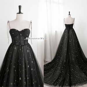 Starry Stars Black Sleeveless Spaghetti strap Ball Gown Party Elegant Wedding Dress Evening Bridesmaid Dress Ribbon Vintage Prom Gown Women