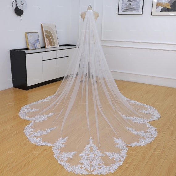 Embroidered Floral Edge Bridal Veil in Ivory Floral Wedding Veil: Wildflower Lace Applique, Ivory Tulle  main image 4