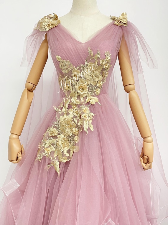 18th birthday dresses rose gold Fairy Floral Applique Dust Pink Tulle Prom Dress Party Dress Graduation Gown Wedding Dress Gorgeous Dress Custom Our Life Of The