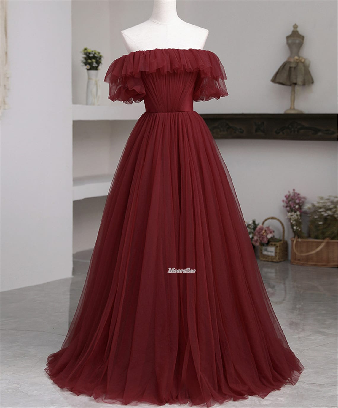 Off-the-shoulder Summer Burgundy Tulle Evening Gown Women image 5