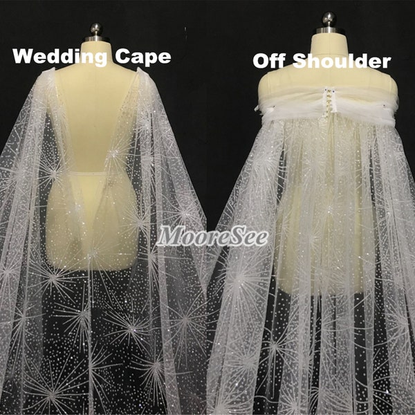 Shiny Sparkling Firework White Silver Glittering Wedding Cape for Bride Wedding Veil Off shoulder Glittering cape Wedding Cape Shoulder Veil