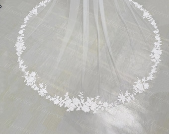 Sparkle Sequins White flower lace trim bridal veil Fairy floral lace Wedding Veil 1T long Veil Vintage floral lace veil Elegant lace veil