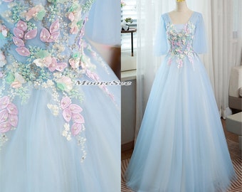 Dreamy elegant Floral lace Sky Blue Ball Gown Sweetie Girls Party Flower Dress Prom Birthday Evening Dress Bridesmaid Gown Student Ribbon