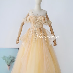 Fairy orange yellow tulle prom Dress Popular Princess Party Dress Evening Dress Ribbon 18th Birthday Prom Gold Floral Applique Gown