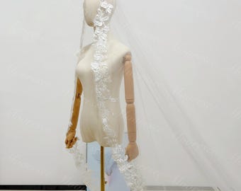 Pearled flower lace mantilla veil Cathedral Scalloped hem wedding veil with comb Gorgeous Church long mantilla Veil Bridal lace veil-HEAVY