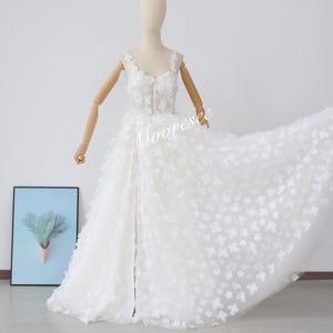 Pearled 3D off white petal tulle prom dress,A line Slit dress,Full flowers wedding dress,Girls Party Dress senior prom gown,Birthday Dress