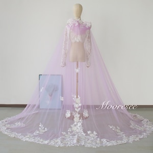 Embroidered 3D flower lace lilac tulle Hooded cape Wedding tulle cloak Bridal cape Cathedral Bridal Cloak Lilac tulle floral lace cape