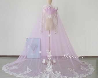 Embroidered 3D flower lace lilac tulle Hooded cape Wedding tulle cloak Bridal cape Cathedral Bridal Cloak Lilac tulle floral lace cape