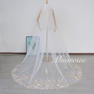 Pink Yellow Green Floral Lace veil colorful Lace Wedding Veil with comb Garden Lace Veil Cathedral veil Beach Veil Wildflower Veil