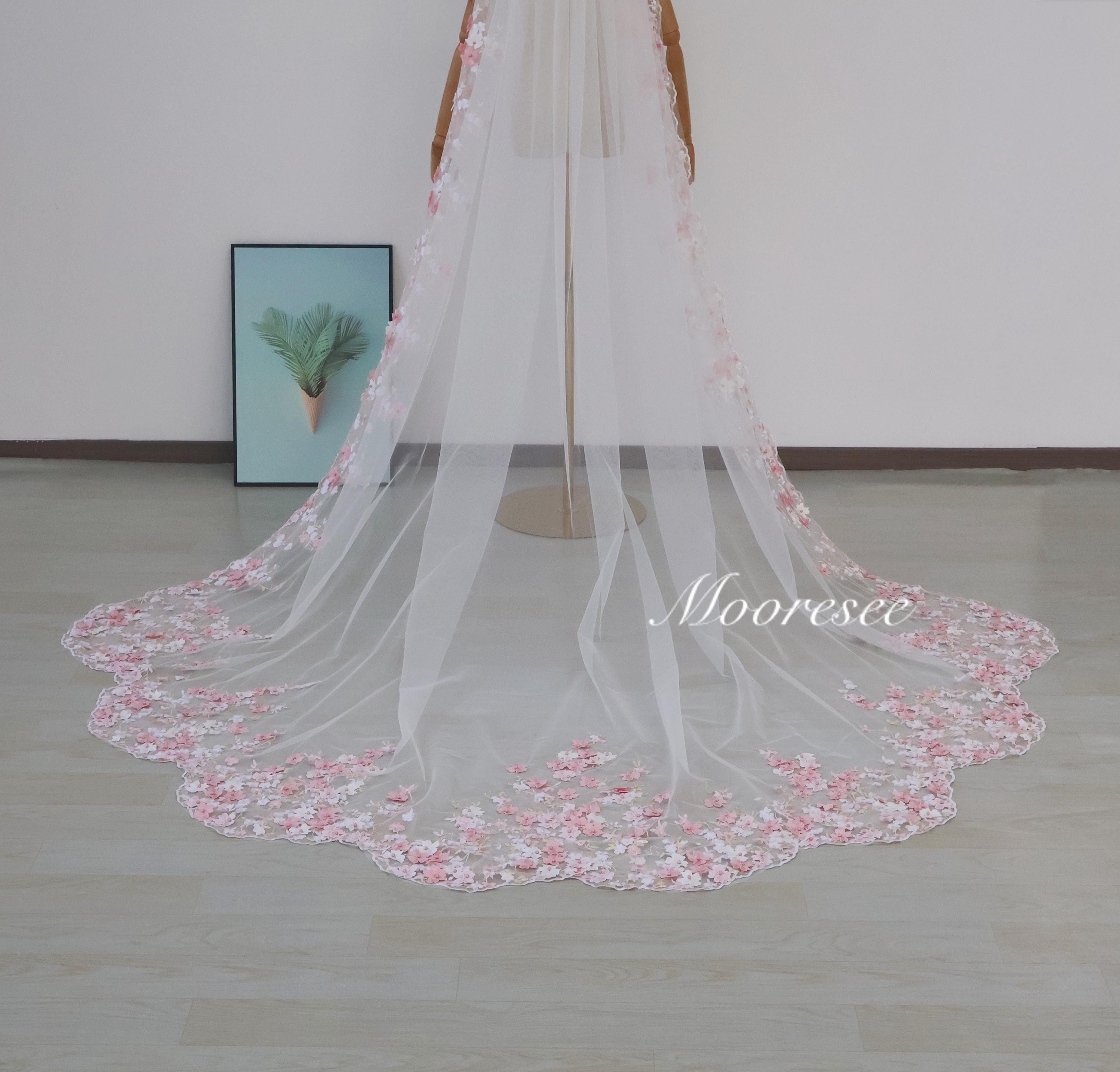 Peach Pink Pearls Floral Veil,floral Lace Scalloped Veil Boho