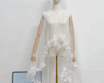 White Beaded&Sequin lace trim High-Low cape,Knee length lace Bridal cape Vintage Lace cape Deep V back cape