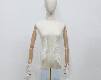 White beaded lace bridal veil Shimmering lace Wedding Veil with comb 1T Cathedral Veil Chapel veil Elegant ivory tulle veil