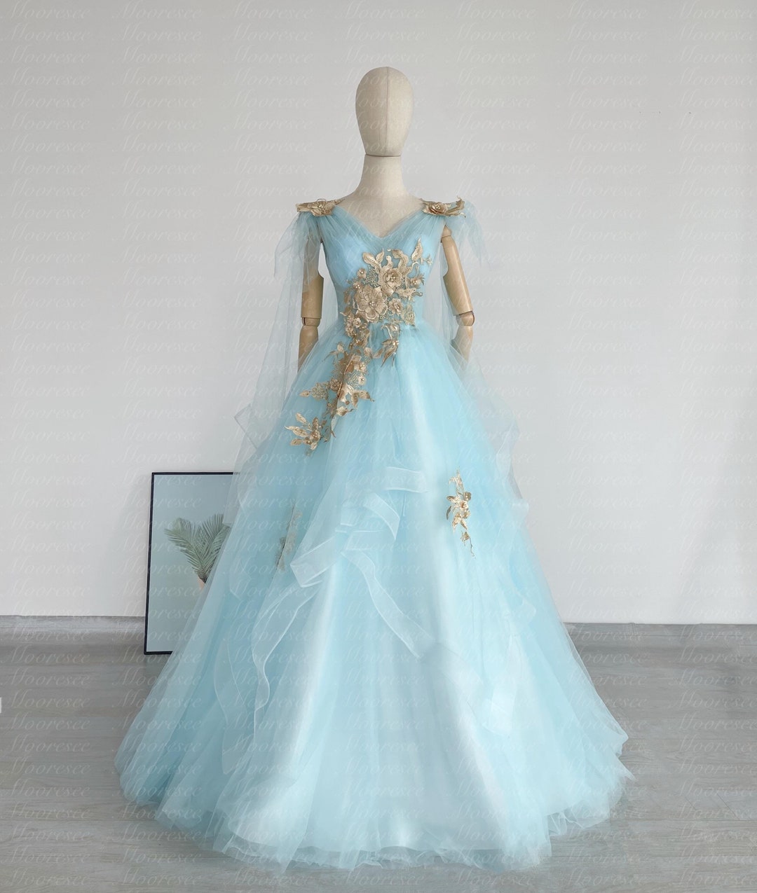 Buy Fairy Gold Floral Applique Ice Baby Blue Tulle Prom Dress Party Dress  Graduation Gown Wedding Dress Gorgeous 18th Birthday Dress Custom Online in 