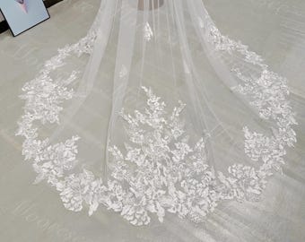 Sparkle floral lace veil Shiny lace wedding veil with comb Church long Veil Bridal lace veil Luxury lace veil