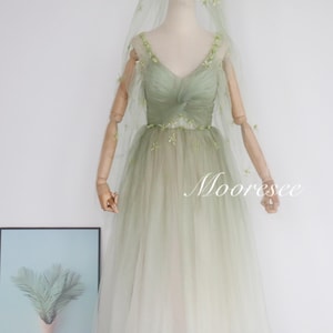 Dreamy Gradient Green small flower prom dress Party dress Graduation Gown Deep V wedding Dress Gorgeous Birthday dress fairy Ball Gown