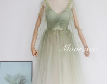 Dreamy Gradient Green Small Flower Prom Dress Party Dress Graduation Gown  Deep V Wedding Dress Gorgeous Birthday Dress Fairy Ball Gown
