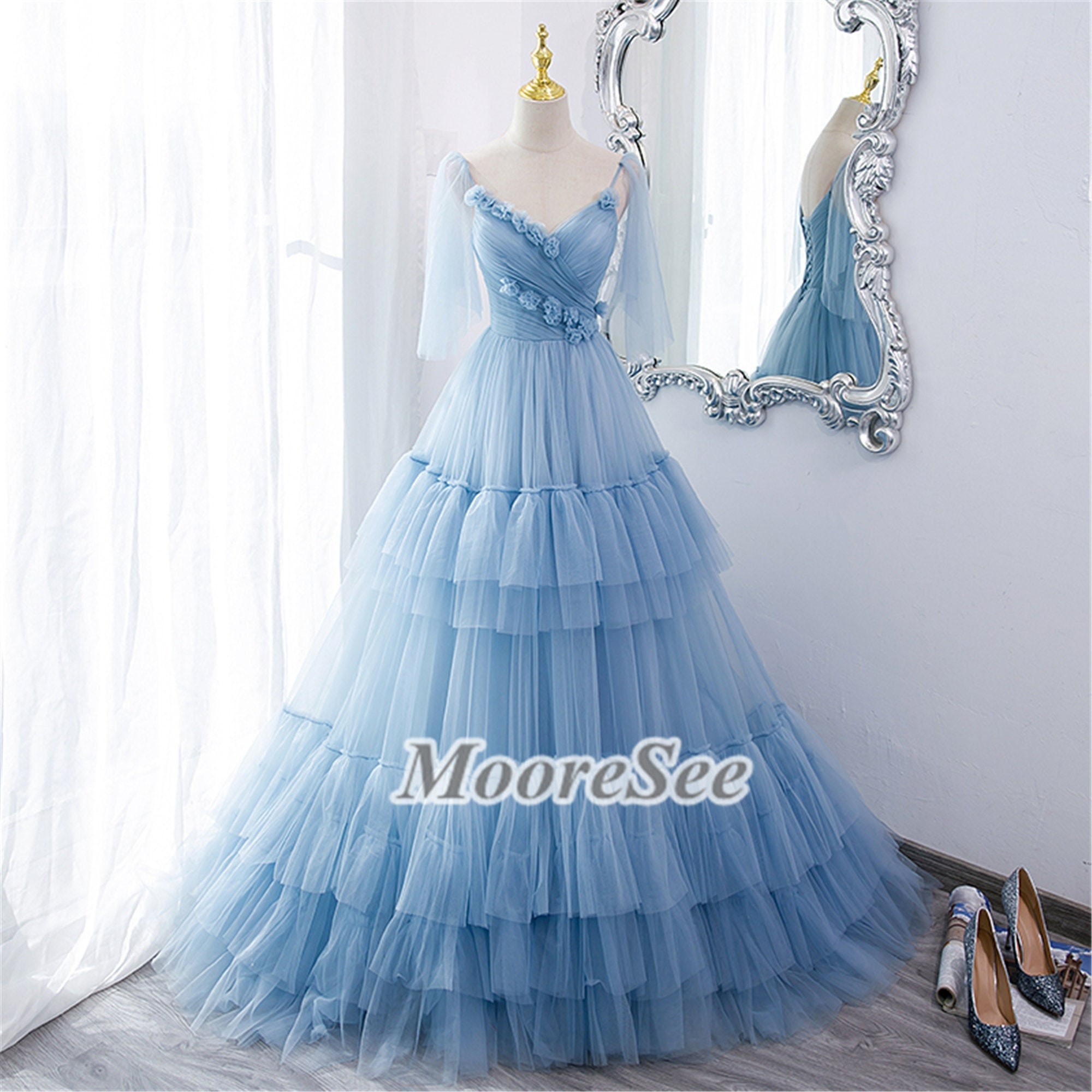 JVN23698 Sky Blue Floral Bodice Prom Ballgown | NorasBridalBoutiqueNY