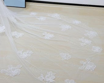 Beaded Large flower blusher bridal veil Fairy flower Wedding Veil 2T Cathedral long Veil Church veil Elegant lace veil