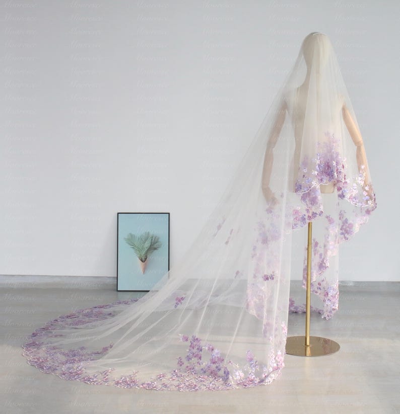 Purple bridal veils - Blusher purple floral lace veil embroidered wedding veil with comb