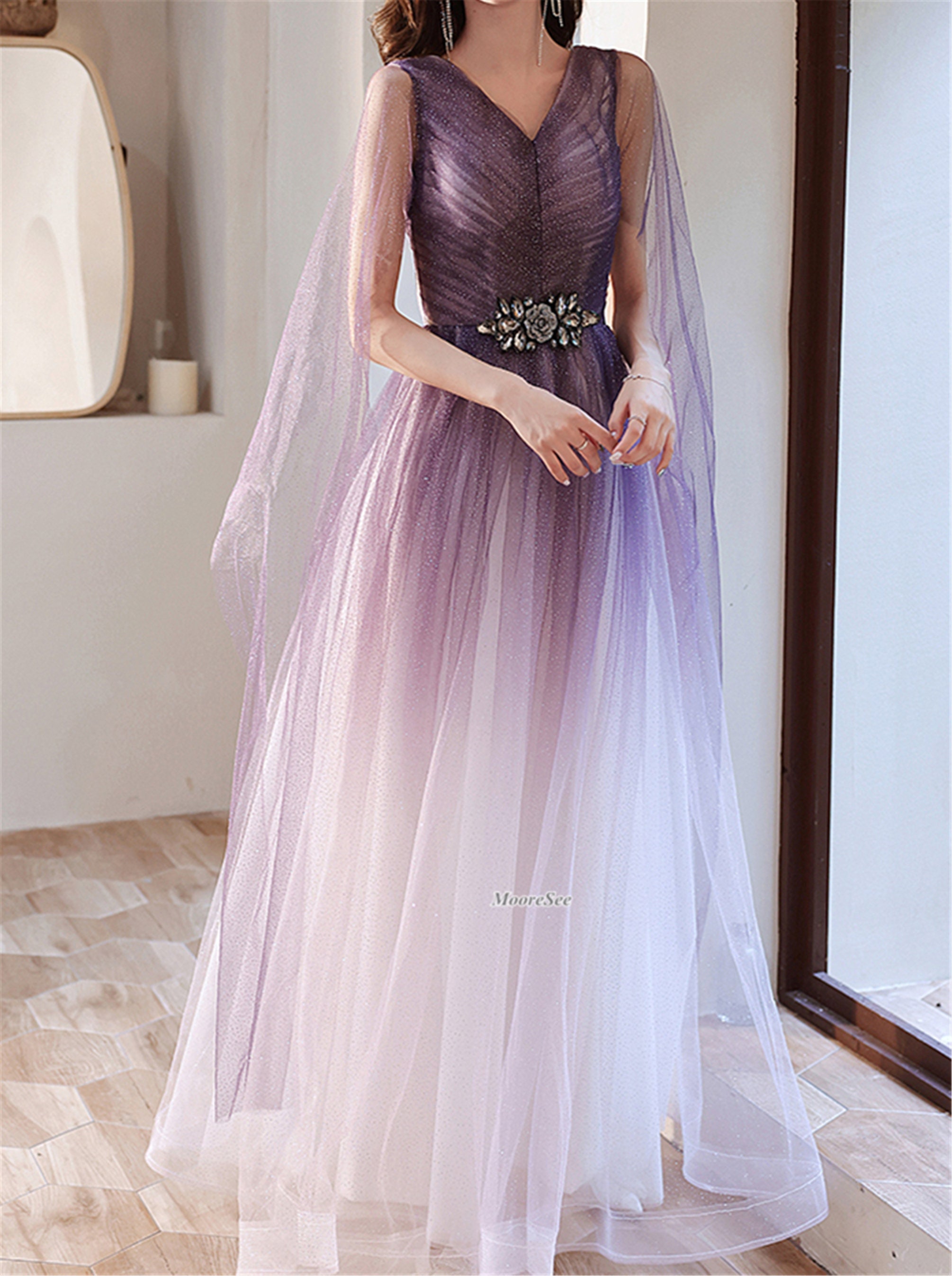 Palmira Embellished Plunge Neck Low Back Evening Gown in Lilac