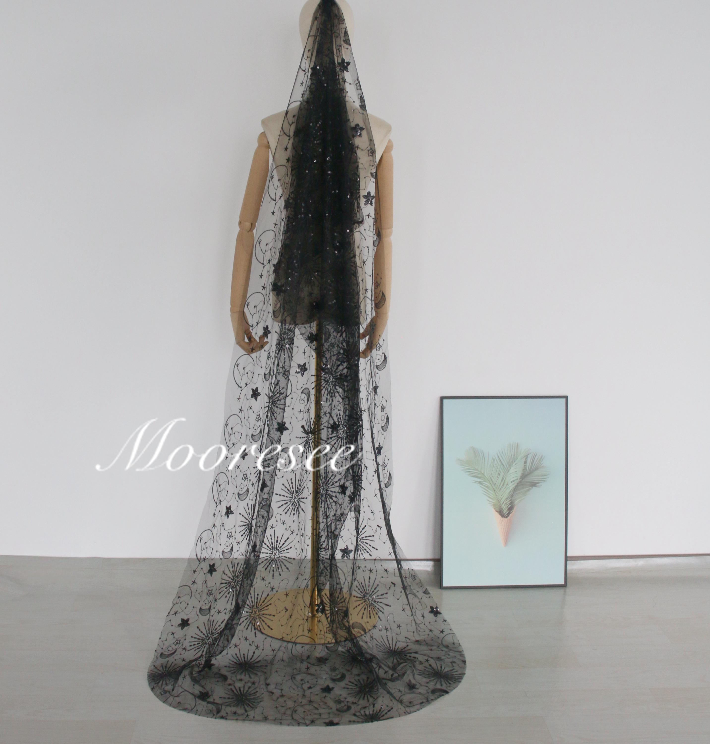 Black and White Bridal Veil With Embroidery And Slight Sequins Embroidered Black Sequin Floral Lace Cathedral Wedding Veil  main image 2