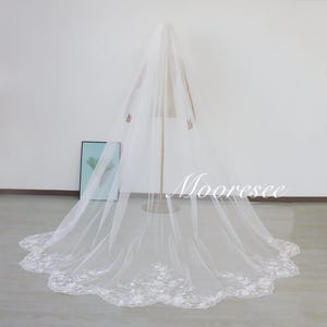 Elegant pearl flower lace Scalloped Veil Beach wedding lace veil Embroidered floral Veil 3D flower lace veil Garden Wedding Veil Bridal Veil