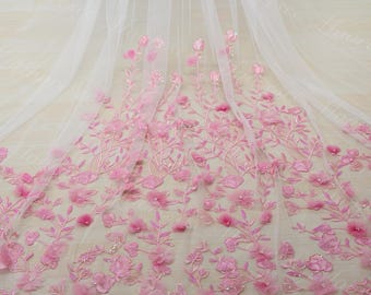 Pearled Pink flower Beach wedding veil Fairy Pink flower lace veil 3D Pink flower veil Garden Wedding Veil Bridal Veil Custom