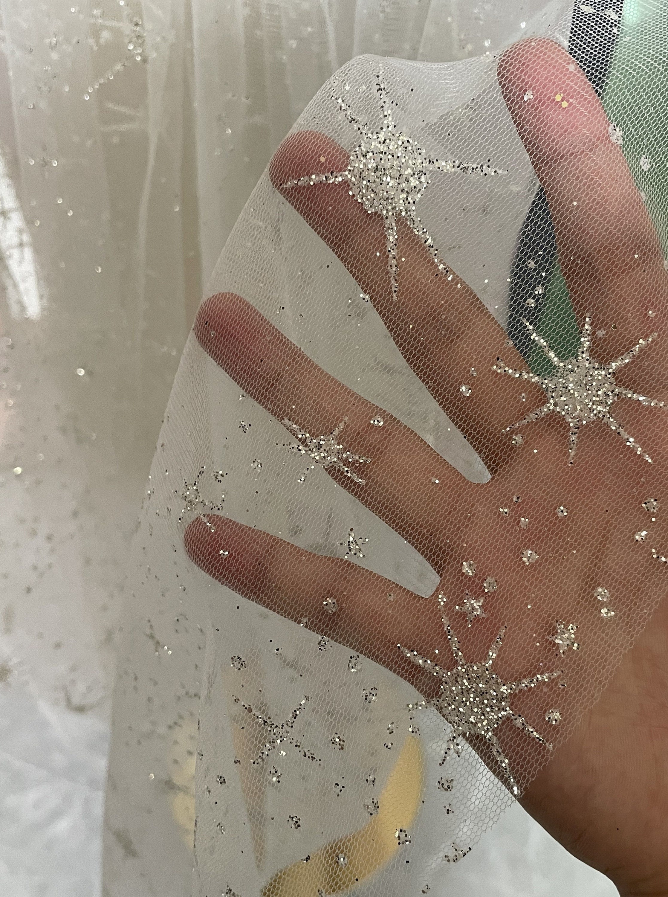 Galaxy Wedding Veil Shiny Silver Stars Bridal Veil Dreamy Luxury Sparkling Glittering Wedding Veil Fingertip Stars tulle Wedding Veil