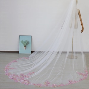 Sparkly beads pink floral lace Wedding Veil Fairy pink Veil Bridal Veil with comb 1T Cathedral Long Veil Pink flowers Lace Veil