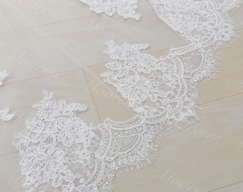 Beaded Chantilly lace veil One Tier bridal veil Fairy Heavy beading lace Wedding Veil long Veil Vintage floral lace veil Elegant lace veil