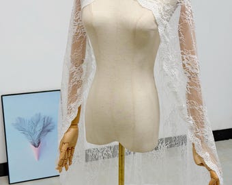 Mantella vintage francese in pizzo asimmetrico, lunga fino al pavimento, mantella da sposa in pizzo morbido, mantella in pizzo bianco sporco, mantella personalizzata
