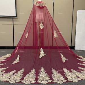 Boho Embroidered Gold Floral Lace with sequins Dark red tulle Hooded Veil Wedding Cape Bridal Veil Cathedral Bridal Cloak Custom color