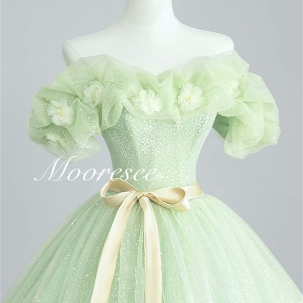 Dreamy Off-the-shoulder Fairy light green prom dress Party dress Graduation Gown wedding Dress Gorgeous Birthday dress Performance Ball Gown