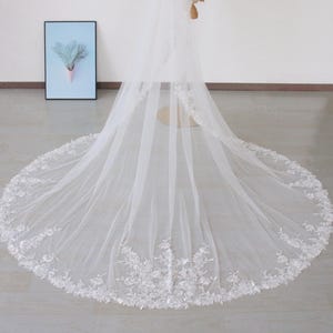 May include: A long, white bridal veil with a floral lace trim. The veil is made of a sheer fabric and drapes to the floor. The lace trim features delicate, three-dimensional floral designs.