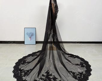 Black floral lace trim Mantilla veil with comb Gothic Wedding Veil Gothic black lace Veil Cathedral veil Black tulle&lace mantilla veil