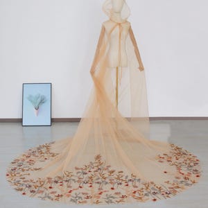 May include: A sheer, peach-colored cape with a hood and long sleeves, displayed on a mannequin. The cape features an embroidered floral design along the hem. The cape is made of a lightweight, flowing fabric.